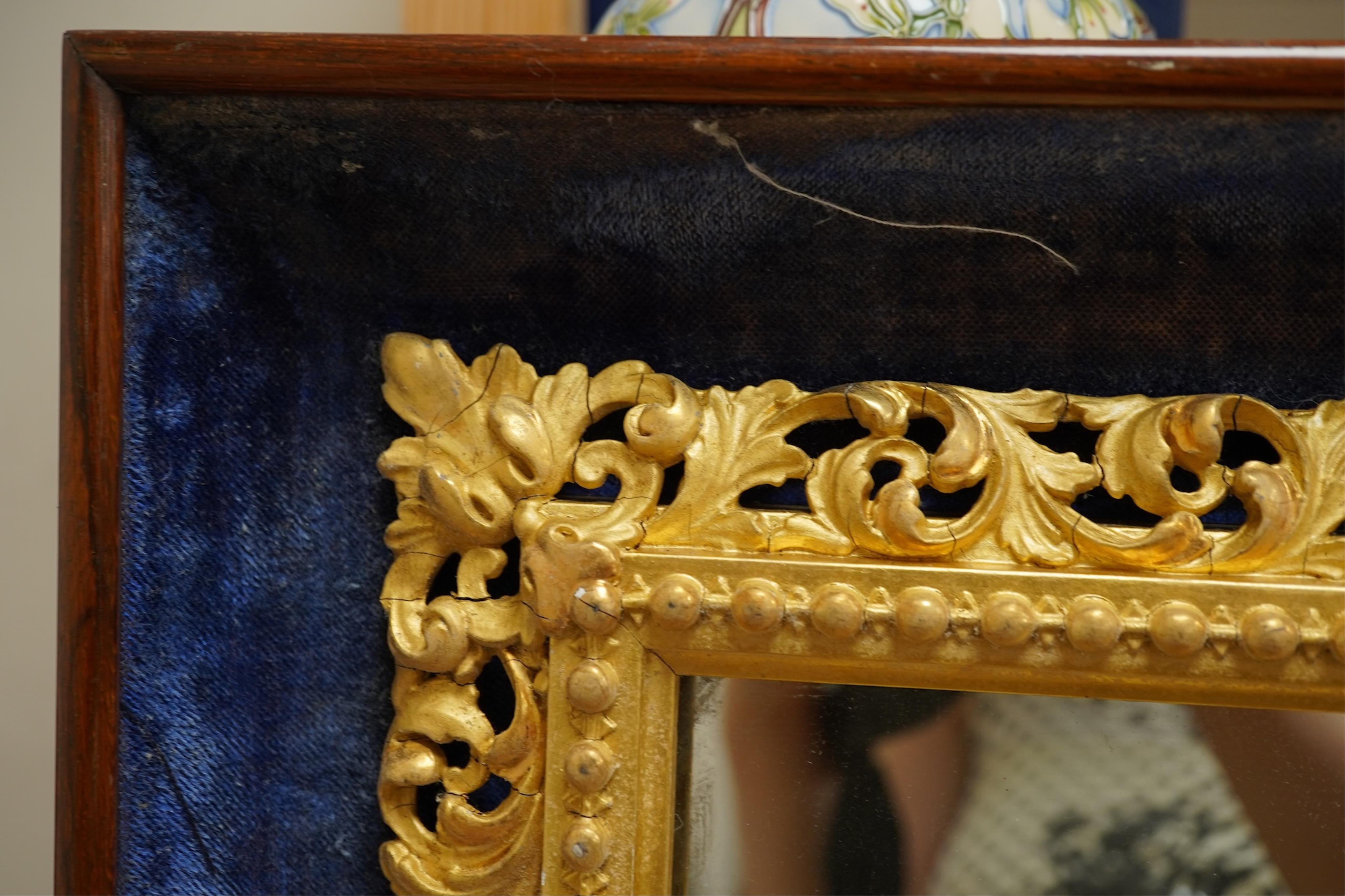 A 19th century carved gilt wood framed mirror, displayed within a blue velvet mount and outer rosewood frame, 48cm wide x 56cm high